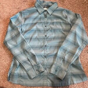 Columbia Women's Long Sleeve Button Up Shirt Striped Omni-Shade Top Green XL 601